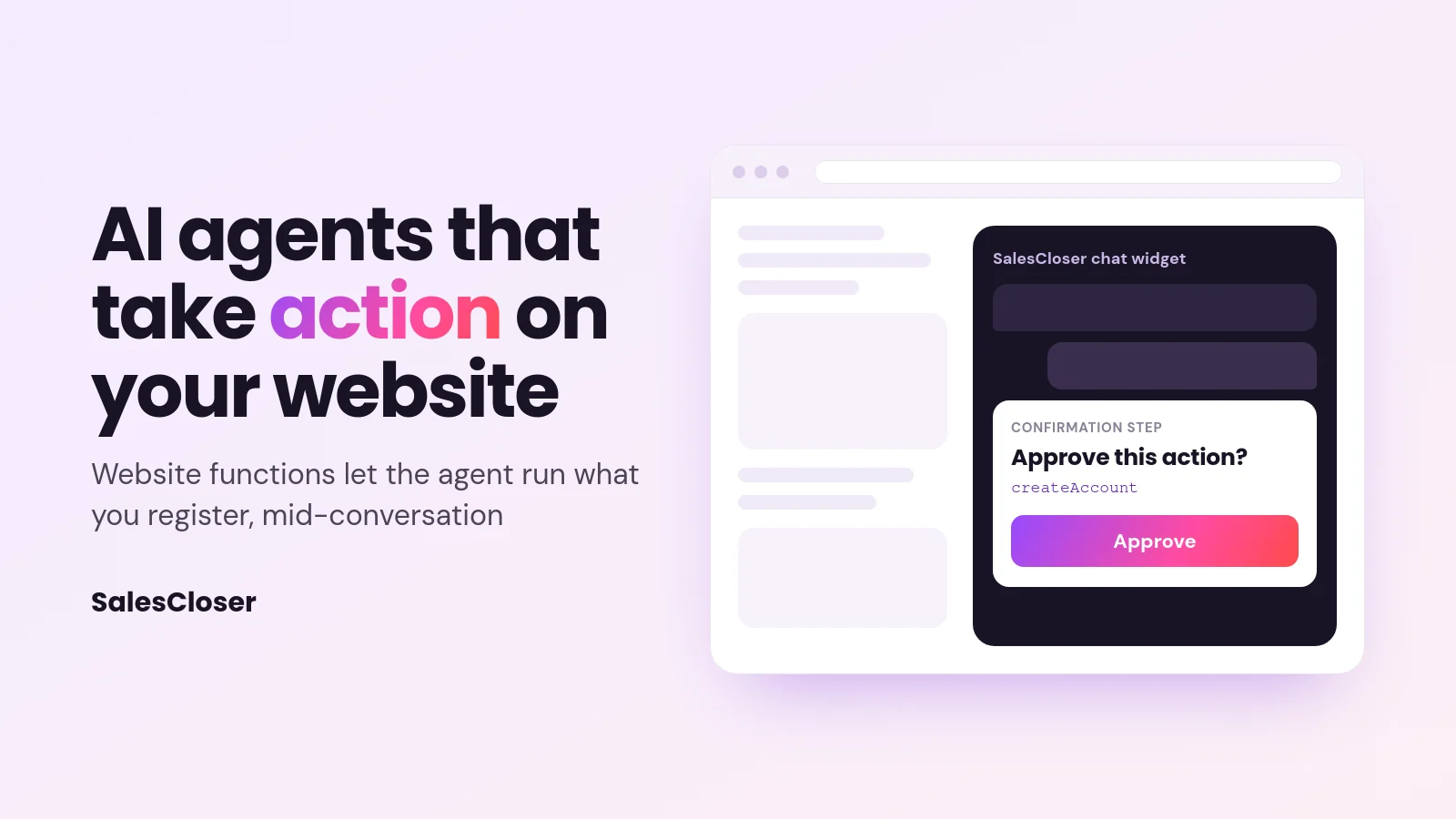 Featured image reading AI agents that take action on your website beside a chat widget asking the visitor to approve createAccount