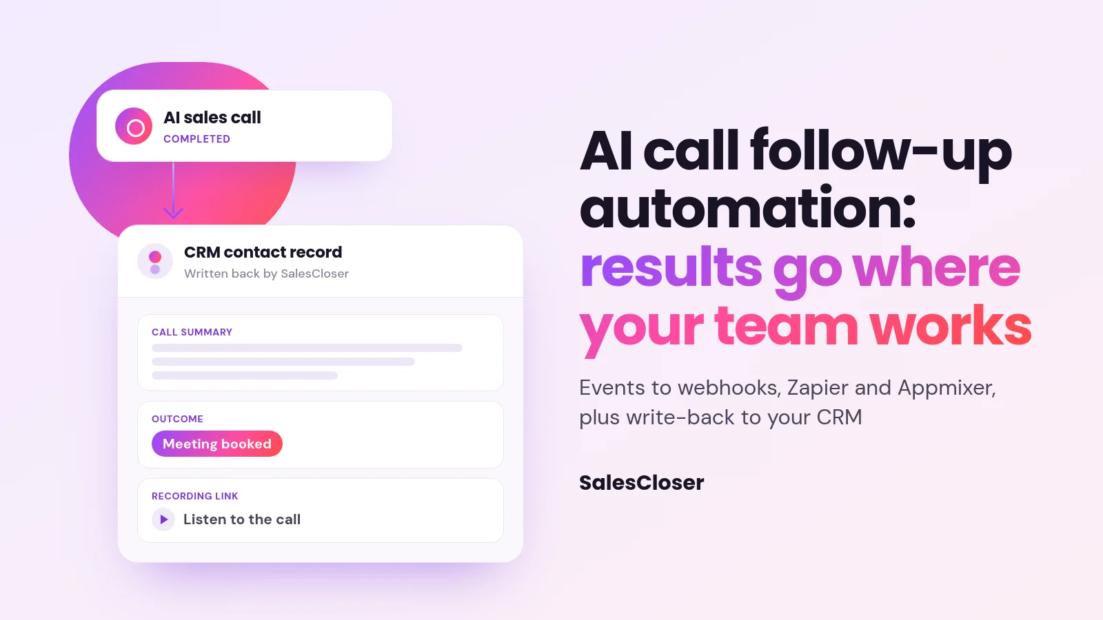 ai call follow up automation - AI Call Follow-Up Automation: What Happens After Your AI Sales Agent Hangs Up Featured image reading AI call follow-up automation beside a finished call flowing into a CRM contact record with summary, outcome and recording link