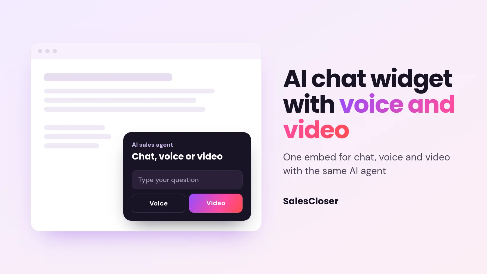 ai chat widget with voice - AI Chat Widget With Voice and Video: One Embed, Three Ways to Talk Featured image reading AI chat widget with voice and video beside a website mockup with a chat panel and voice and video buttons