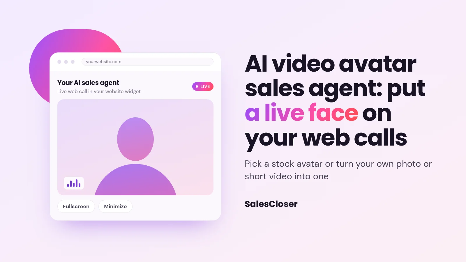 Featured image reading AI video avatar sales agent beside a website widget showing a live avatar on a web call