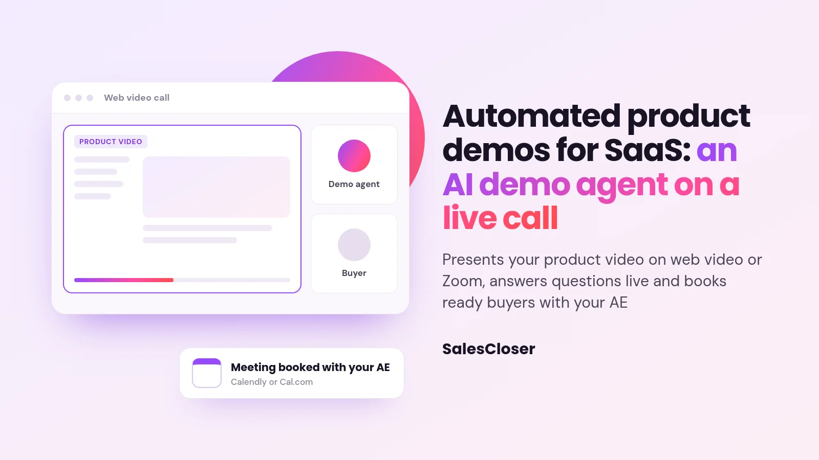 automated product demos for saas - AI Demo Agents: How Automated Product Demos for SaaS Work Featured image reading automated product demos for SaaS beside a web video call where a demo agent presents a product video and books a meeting with your AE