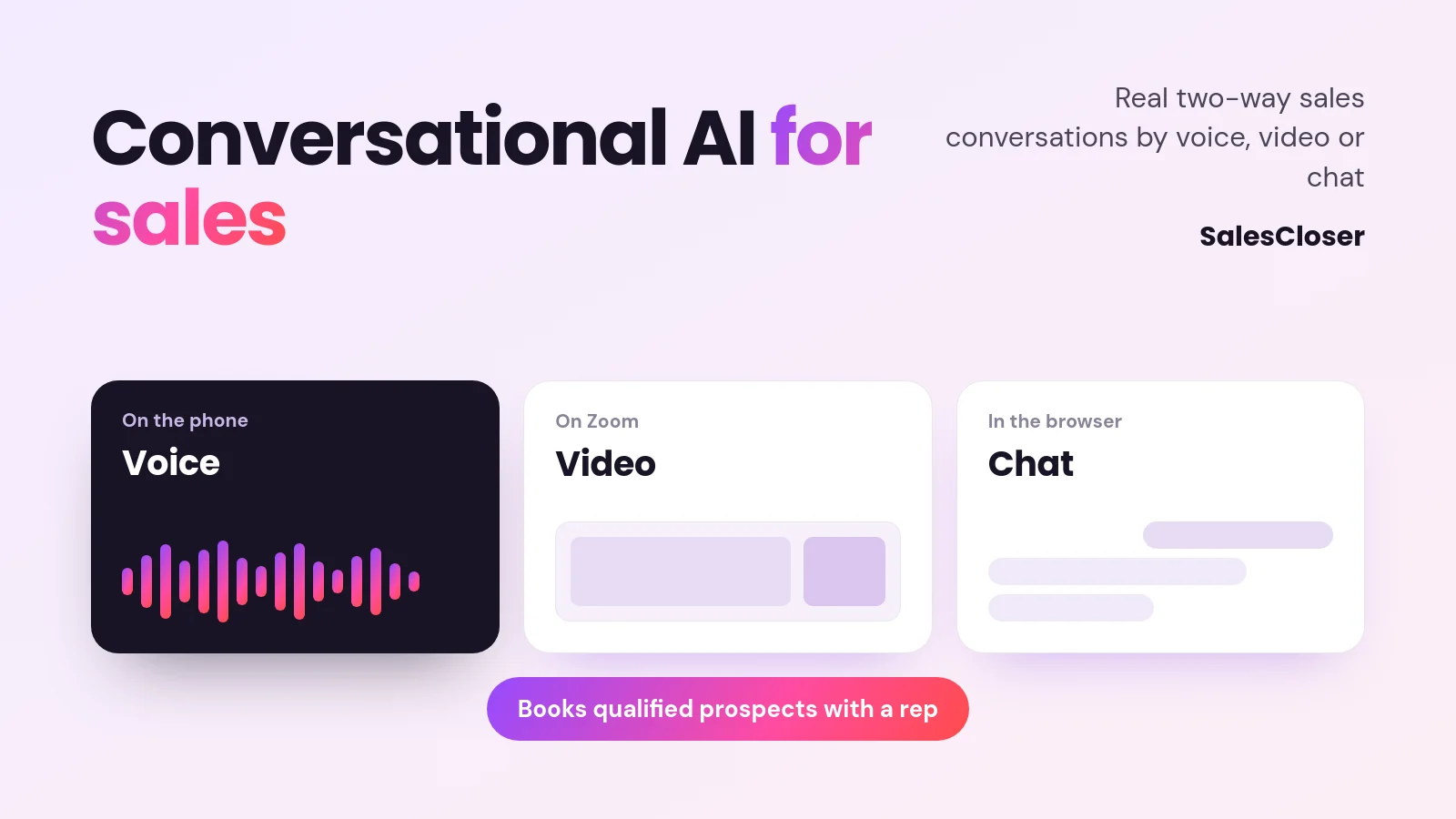 Featured image reading Conversational AI for sales above three channel cards for voice, video and chat, and a note about booking qualified prospects