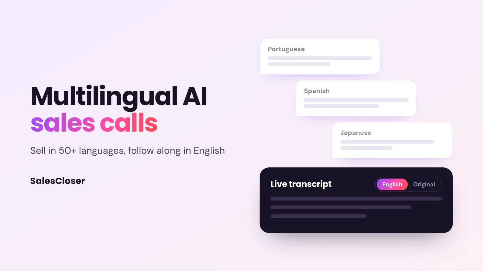 multilingual ai sales calls - Multilingual AI Sales Calls: Sell in 50+ Languages, Follow Along in English Featured image reading Multilingual AI sales calls beside Portuguese, Spanish and Japanese speech bubbles above a live transcript set to English