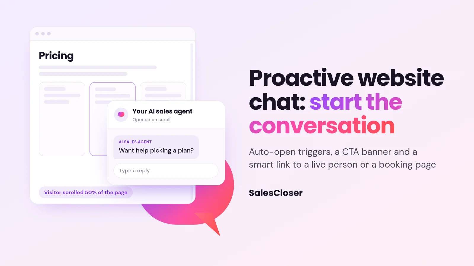 Featured image reading proactive website chat beside a floating chat widget opening on a scrolled pricing page