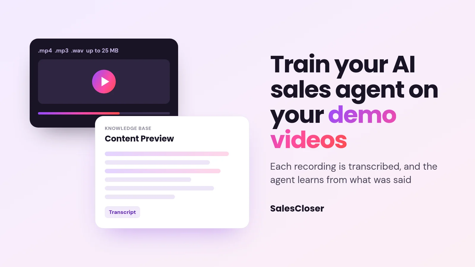 train ai agent on videos - How to Train Your AI Sales Agent on Your Demo Videos and Recordings Featured image reading train your AI sales agent on your demo videos, showing a video file turning into transcript text in a knowledge base