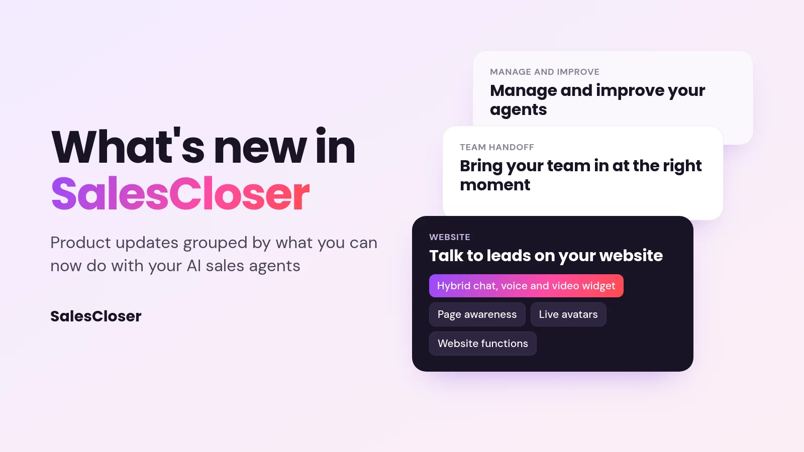 Featured image reading What's new in SalesCloser beside stacked cards for website, team handoff and manage and improve update groups