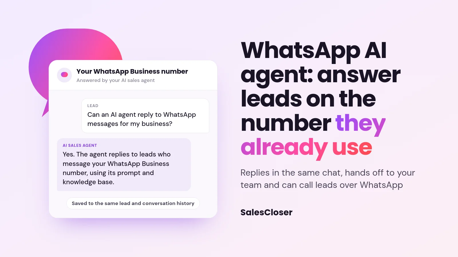 Featured image reading WhatsApp AI agent: answer leads on the number they already use, beside a chat answered by an AI sales agent