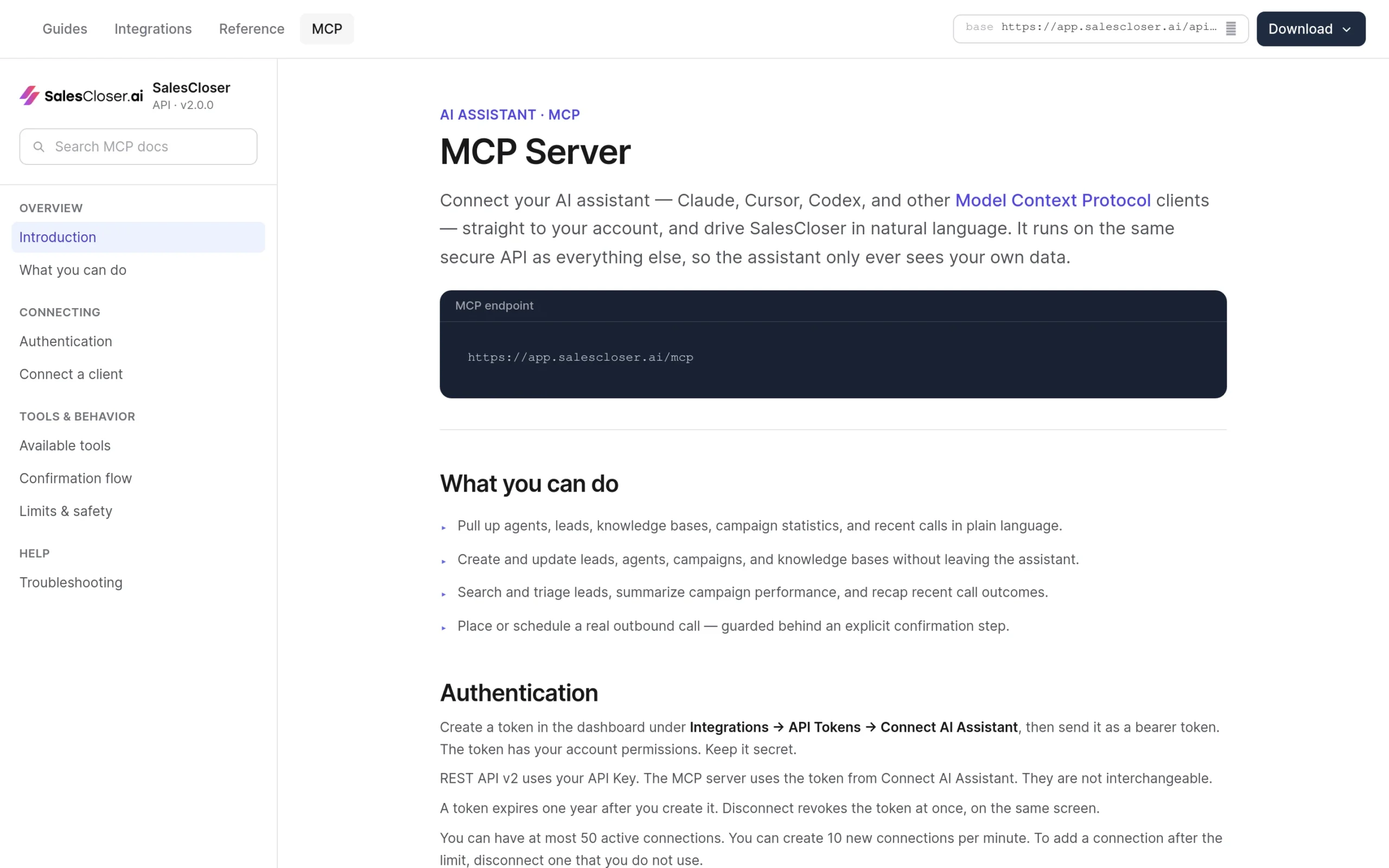 Screenshot: The public SalesCloser MCP guide shows the endpoint, what your assistant can do, and where to create a token: Integrations, API Tokens, Connect AI Assistant.