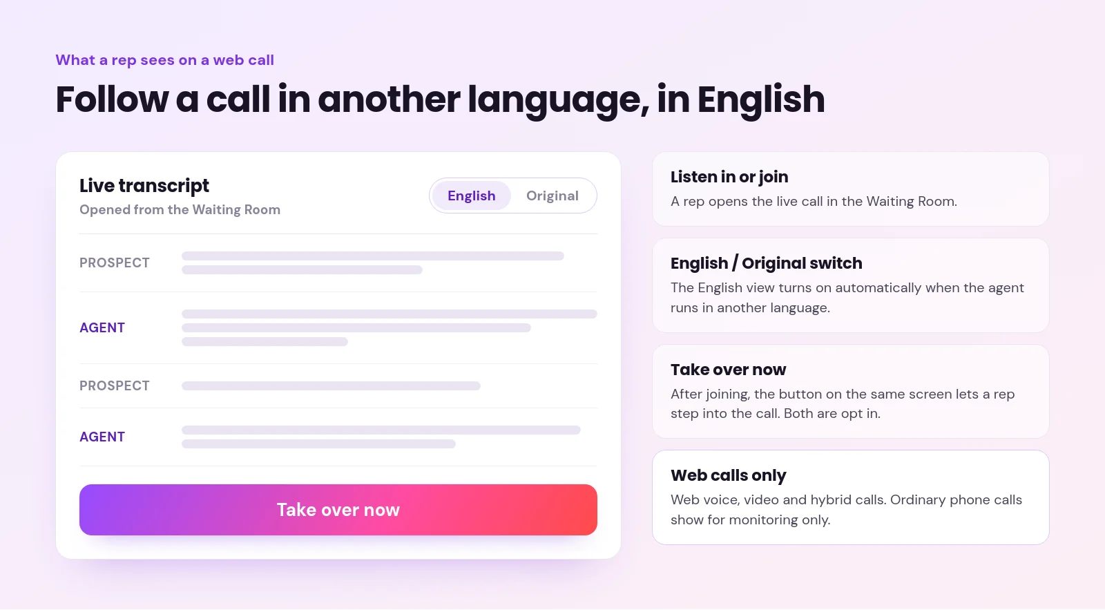 multilingual ai sales calls - Multilingual AI Sales Calls: Sell in 50+ Languages, Follow Along in English Example web call screen with a live transcript set to English, an English and Original switch and a Take over now button, with notes