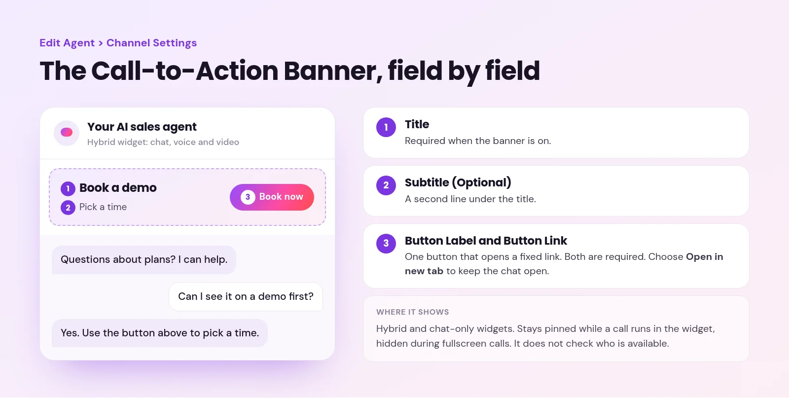 Chat widget mockup with a static Call-to-Action Banner showing a title, subtitle and one button, labeled with its Channel Settings fields