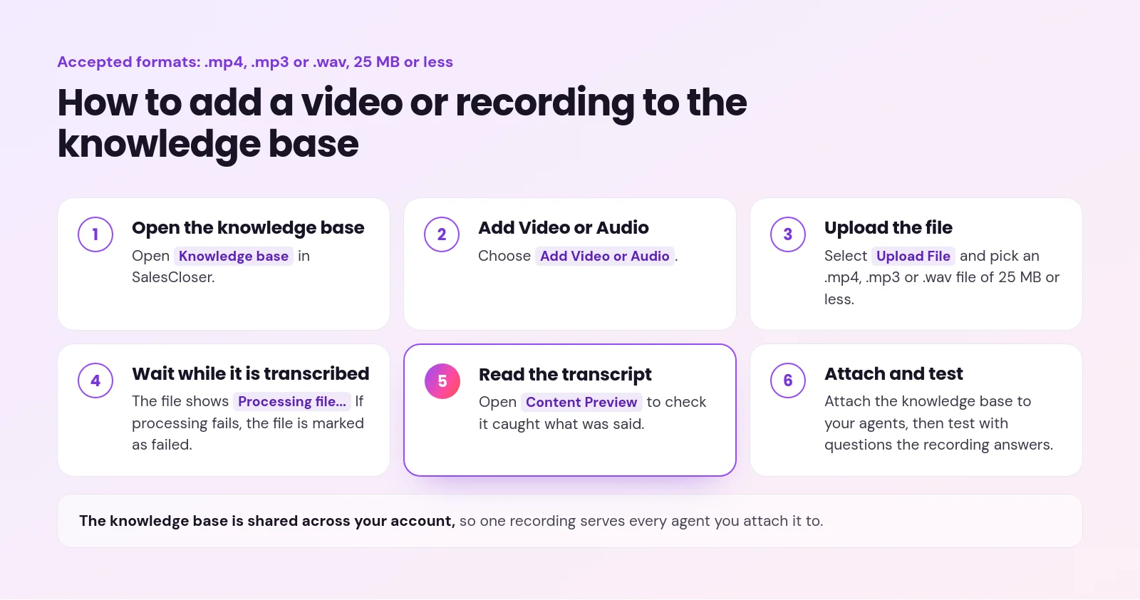 train ai agent on videos - How to Train Your AI Sales Agent on Your Demo Videos and Recordings Six numbered steps to add a video: Knowledge base, Add Video or Audio, Upload File, Processing file..., Content Preview, then attach and test