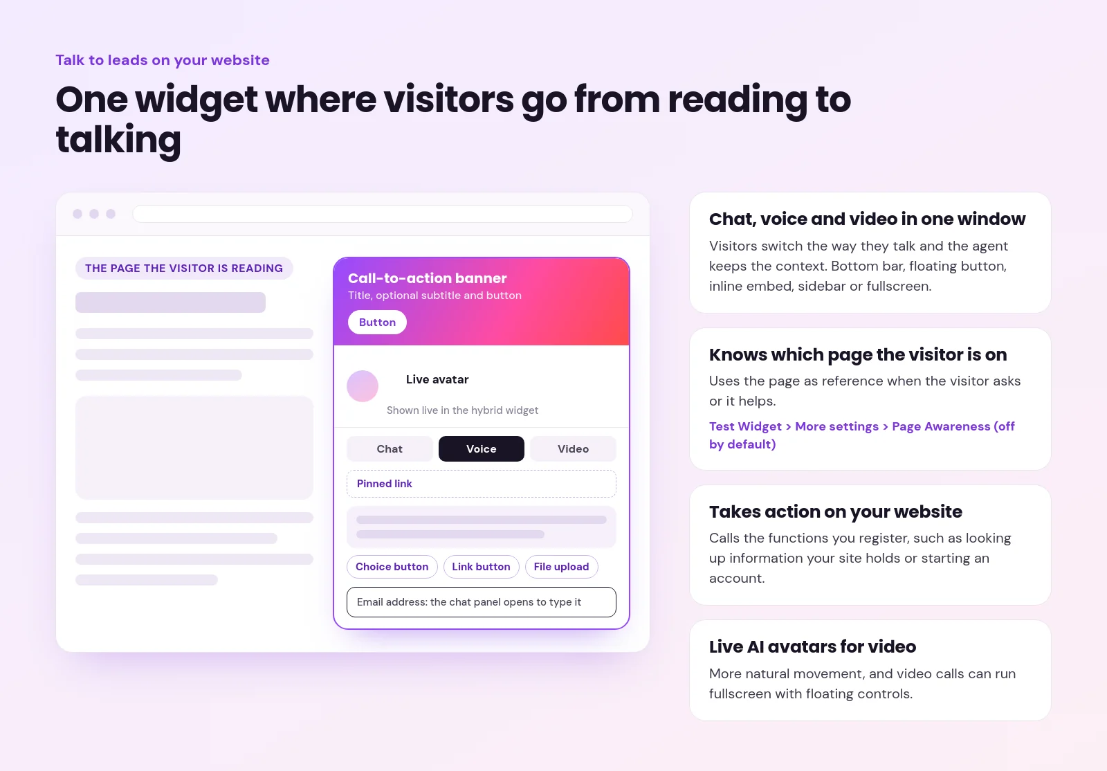 Mockup of the SalesCloser hybrid website widget with a call-to-action banner, live avatar, chat, voice and video tabs, pinned link and choice buttons