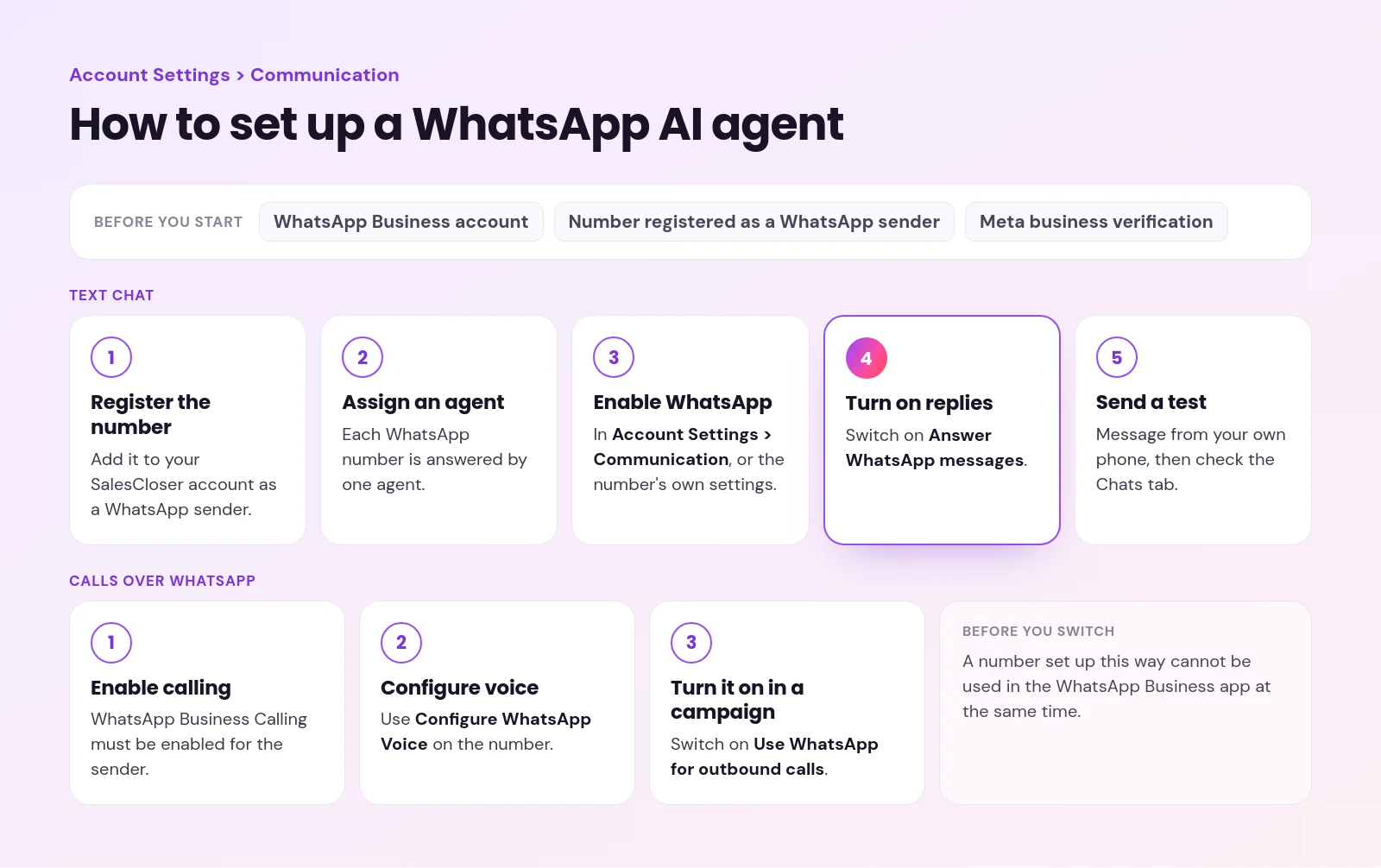WhatsApp AI agent setup steps for text chat and calls, from registering a WhatsApp sender to Answer WhatsApp messages and outbound calls